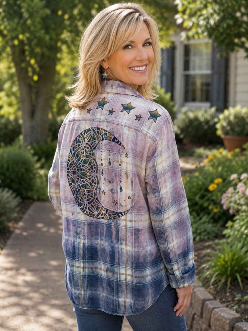 Upcycled Hand Painted Moon and Stars Flannel Shirt - Bleached Blue Pink L
